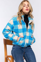 Mock Neck Argyle Print Faux Fur Jacket Blue / Small Blue Small Coats & Jackets Active Basic | Active USA- Tilden Co.
