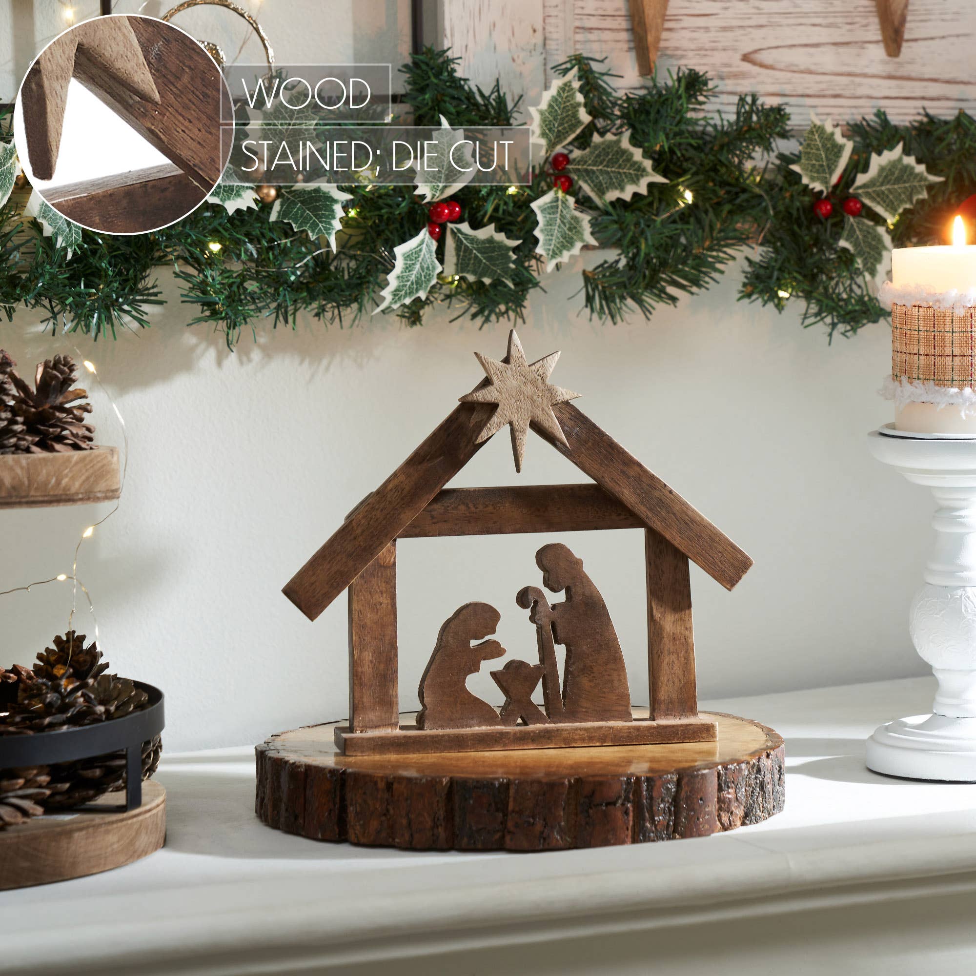 A Savior is Born Dark Wooden Nativity Scene 8.5x10x1.5 VHC Brands- Tilden Co.