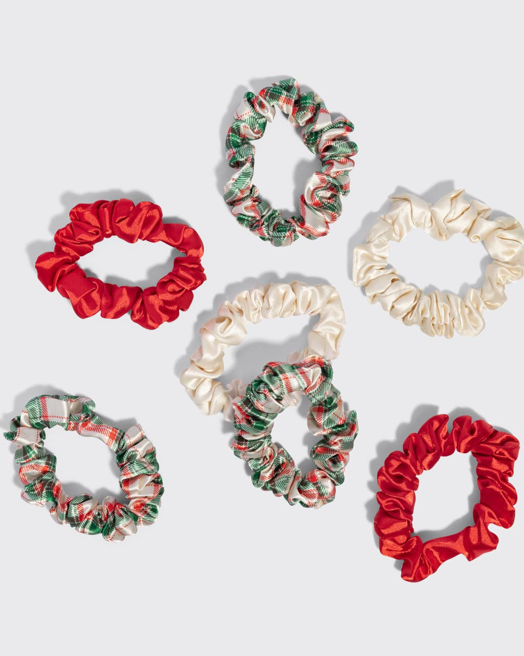 Holiday Ruched Satin Scrunchies 7pc Set Hair Accessory KITSCH- Tilden Co.