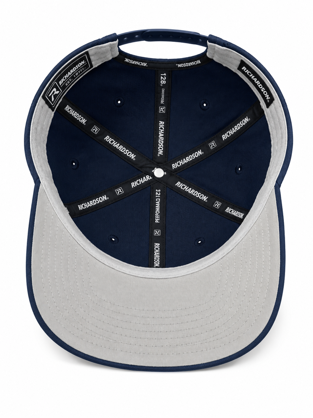 Underside of navy rope cap showing Richardson Performance sweatband and eyelets