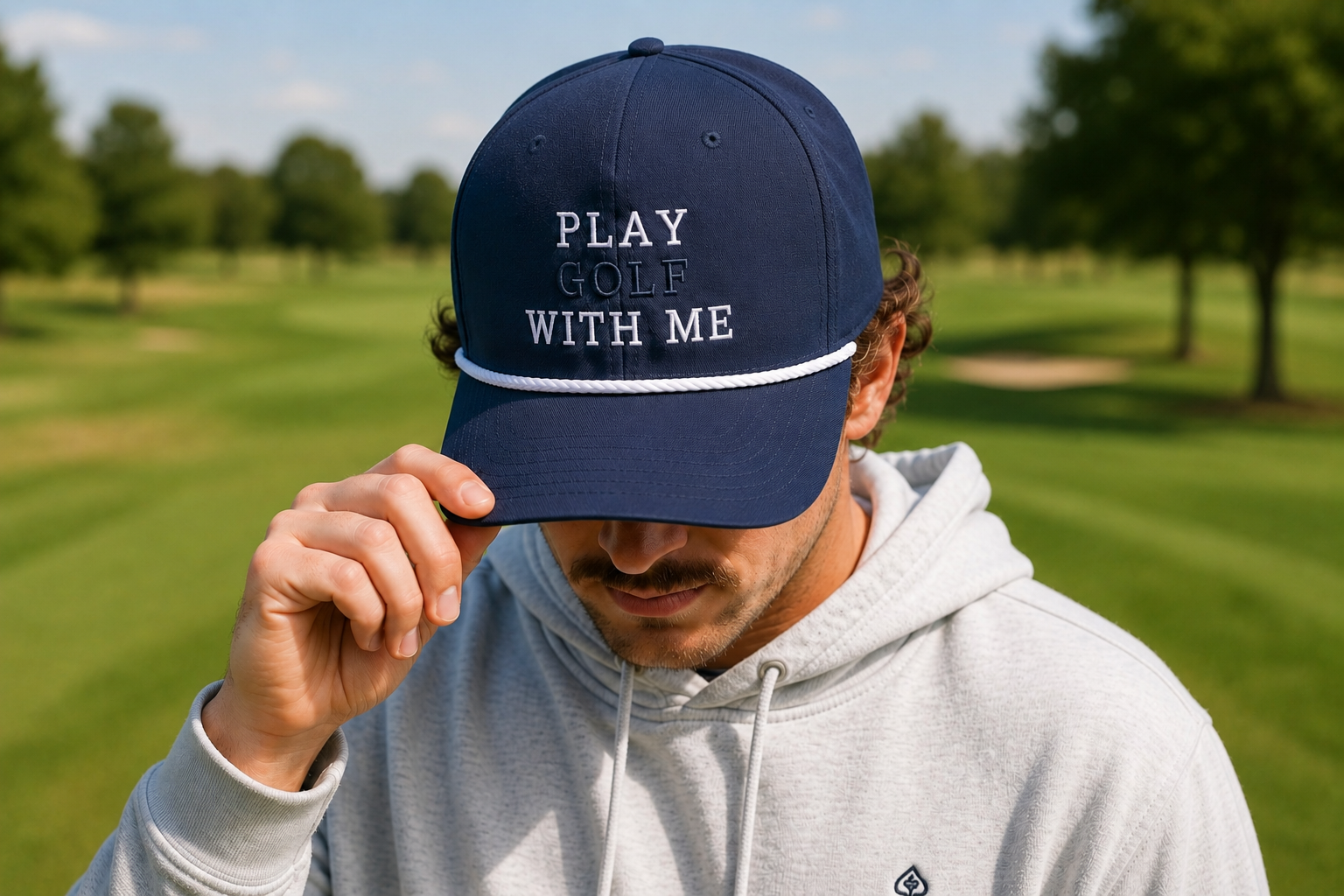 Man wearing navy 'Play Golf With Me' rope cap outdoors on a golf course