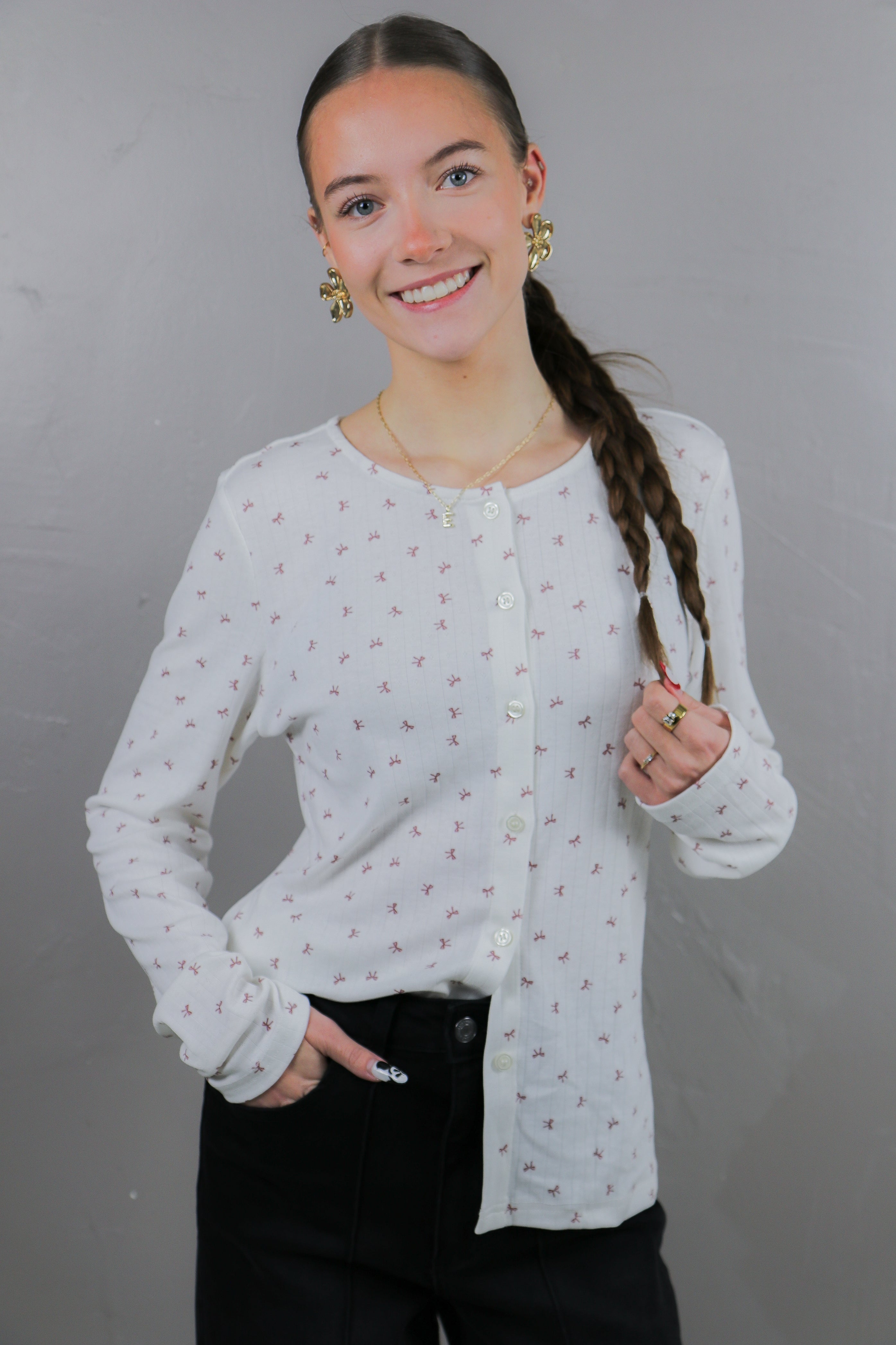 Pointelle Button Cardigan in Mauve Bows Tees Mikarose- Tilden Co.