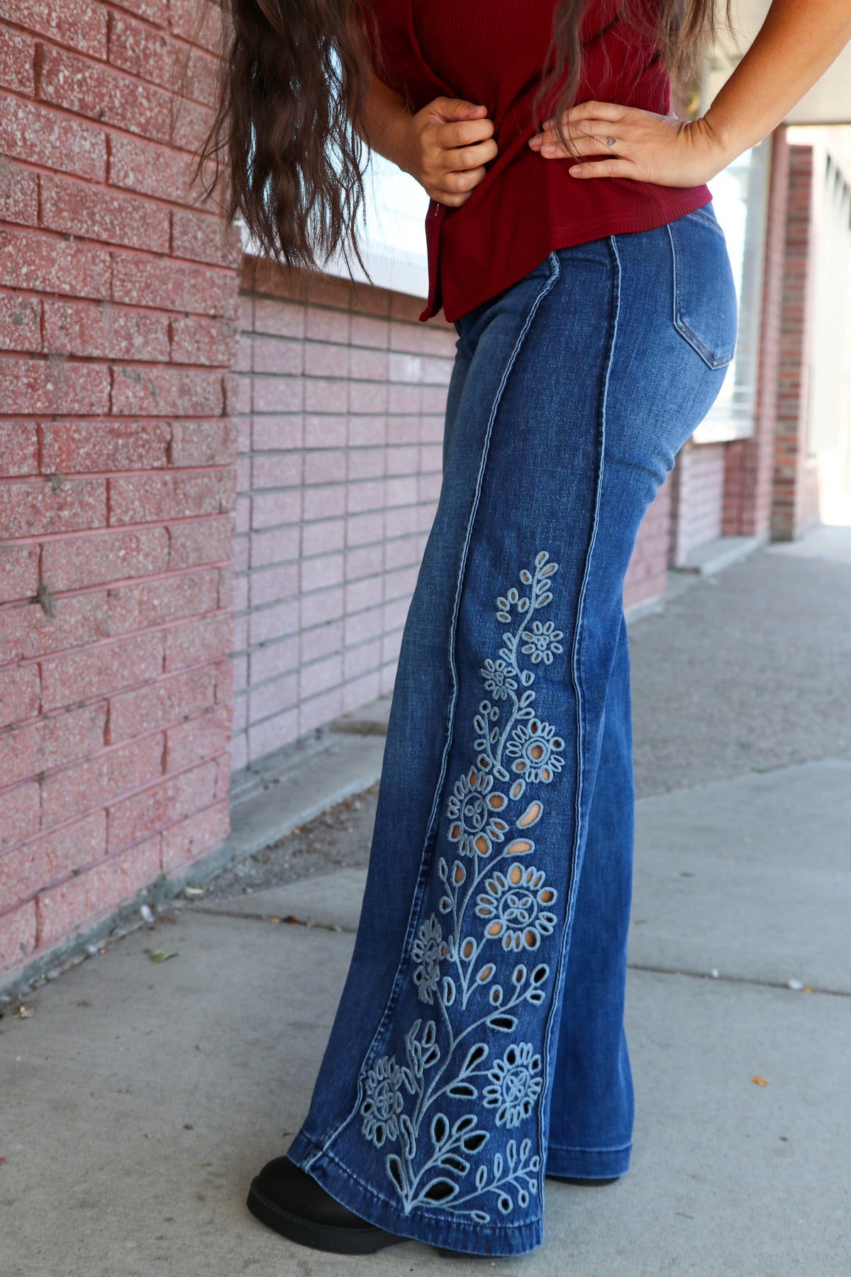 Floral Embroidered Wide Leg Jeans Jeans SAIGE DENIM- Tilden Co.