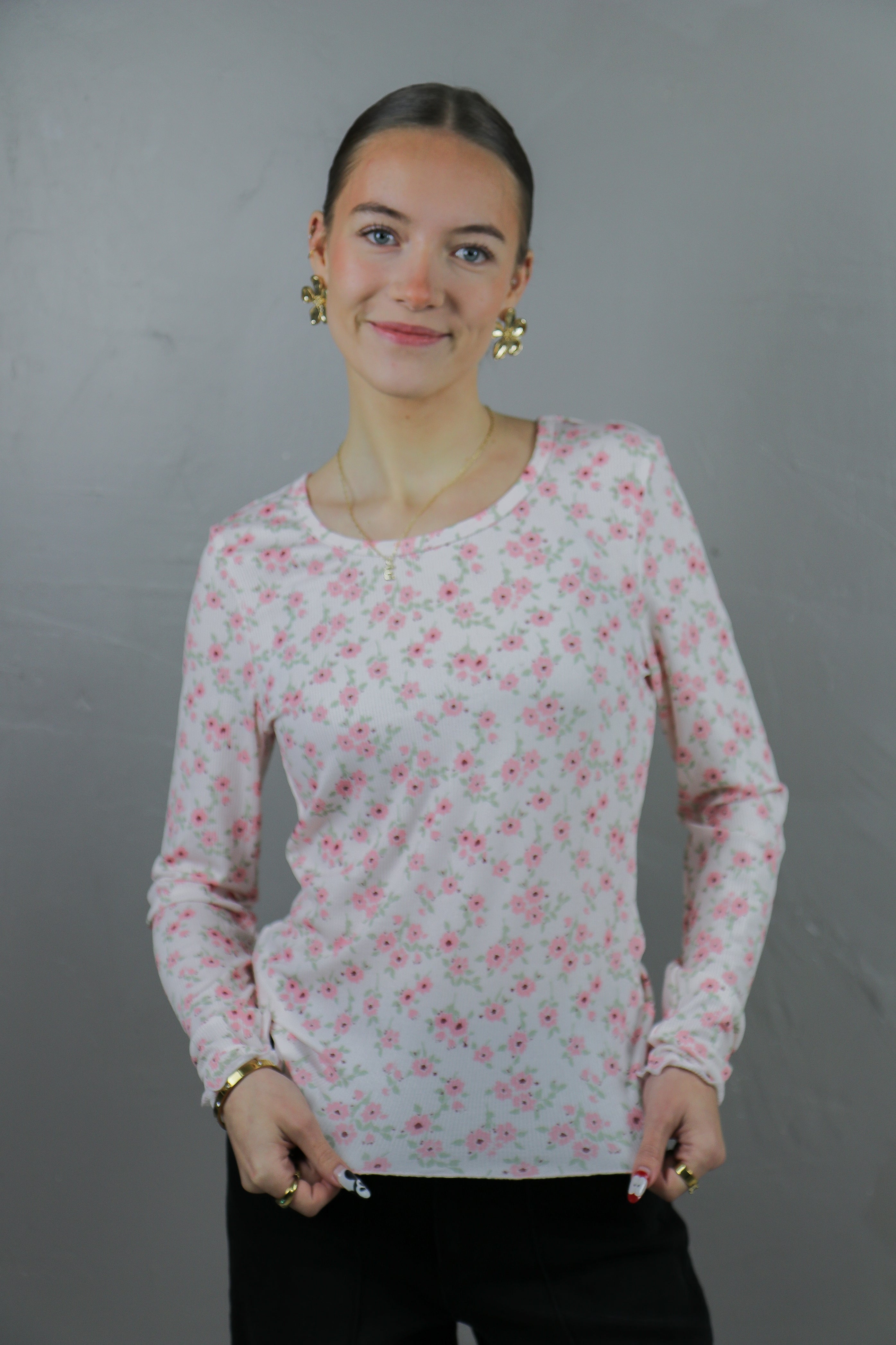 Long Sleeve Ribbed Tee in Pink Confetti Tees Mikarose- Tilden Co.