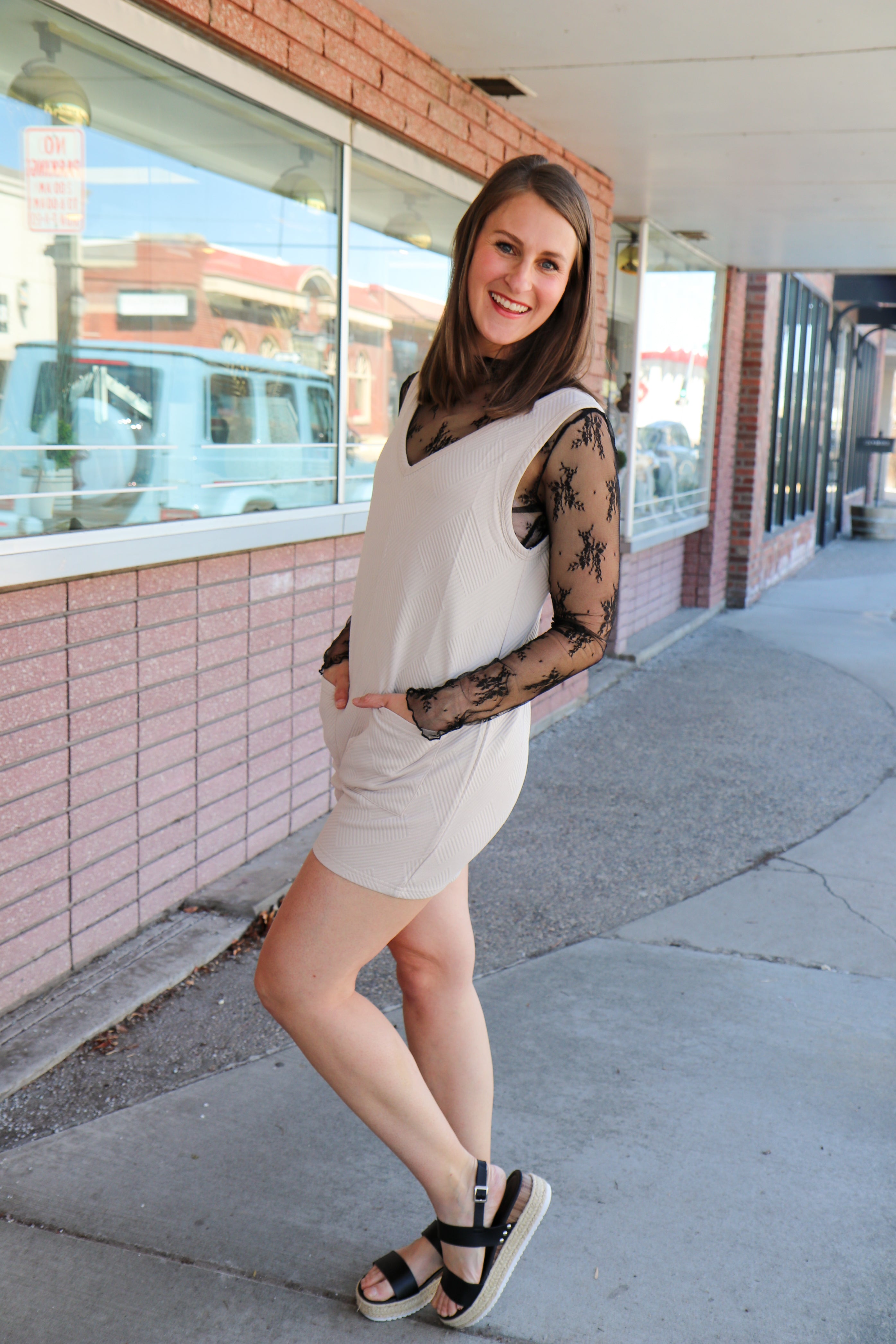 Ecru Textured Overall Romper Jumpsuit Sewn and Seen- Tilden Co.