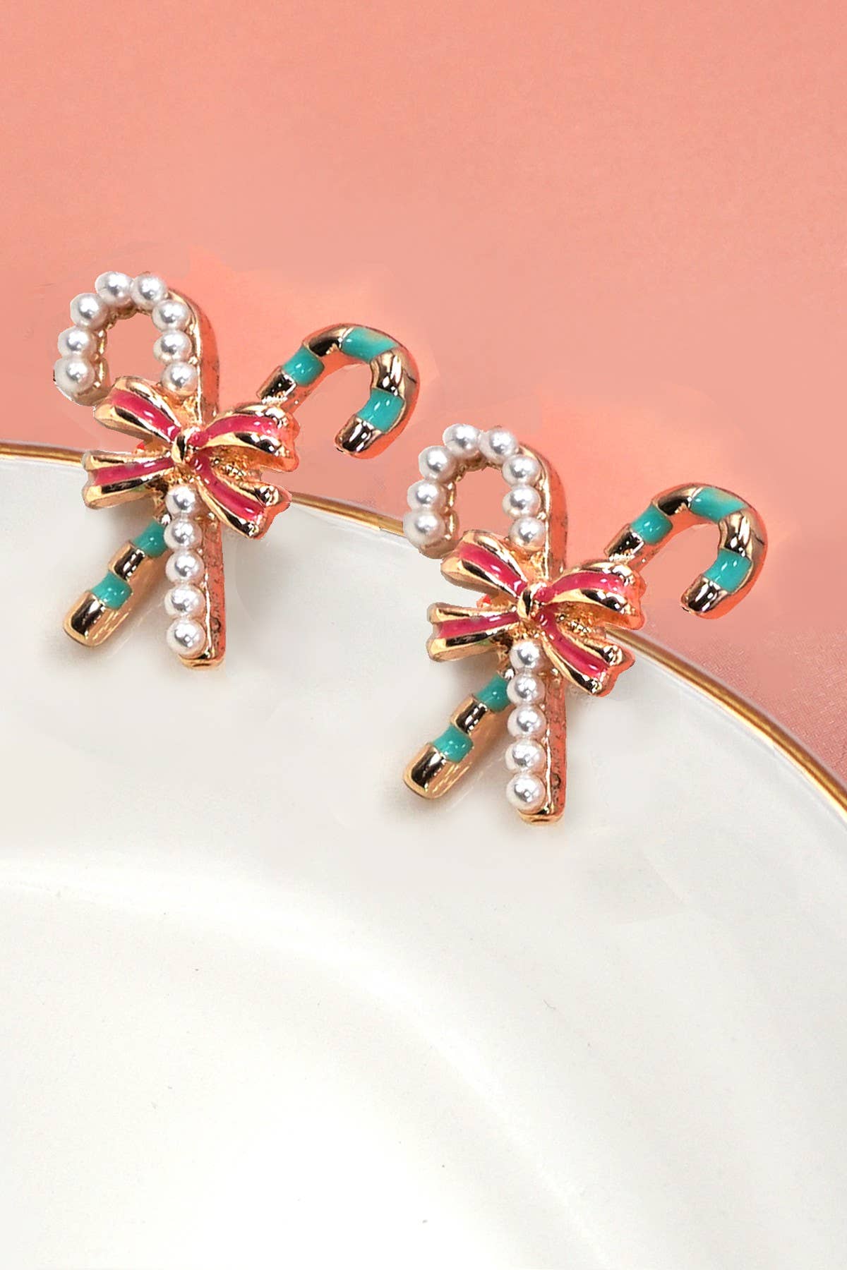 CANDY CANE PEARL BOW STUD EARRINGS GOLD GOLD JOSSLYN by wall to wall- Tilden Co.