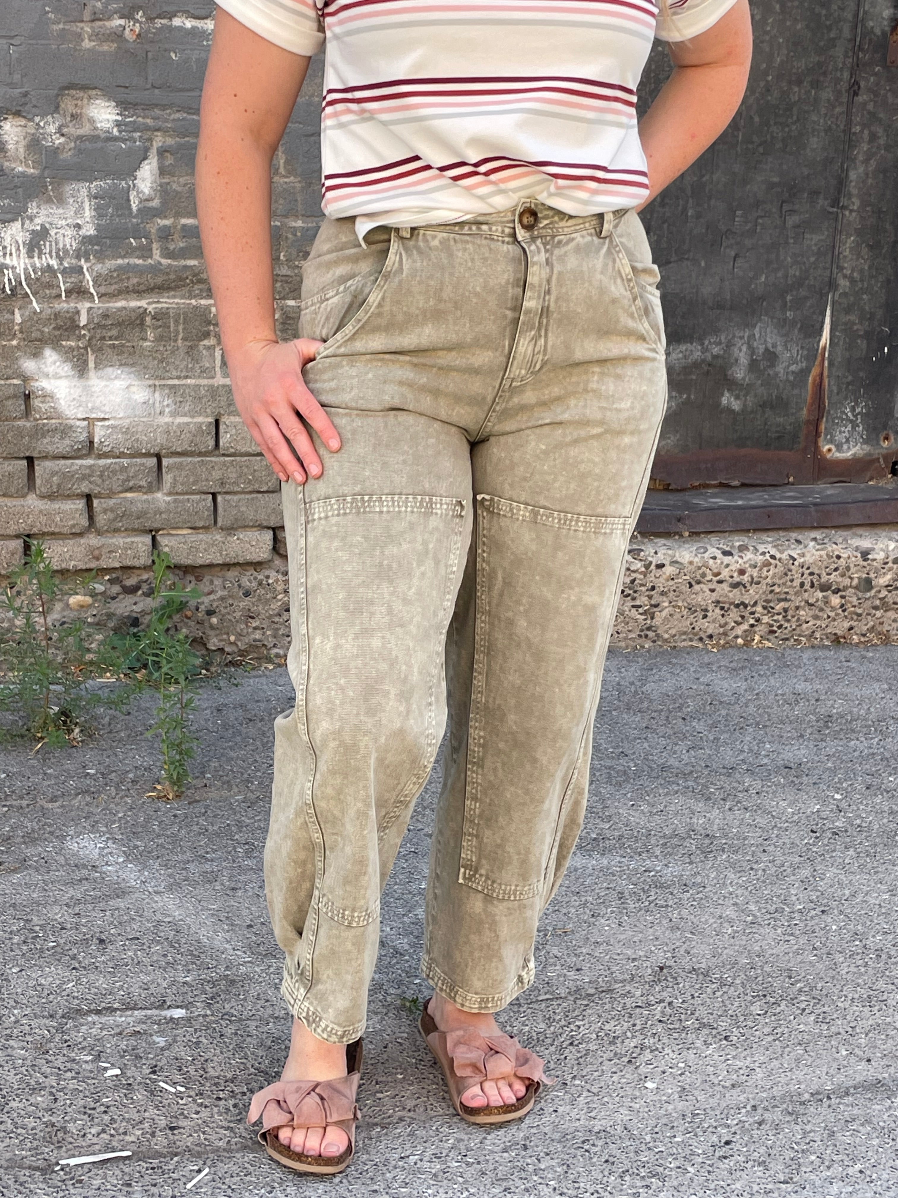 Mineral Washed Mid Rise Barrel Shape Pants Casual Pants so me- Tilden Co.