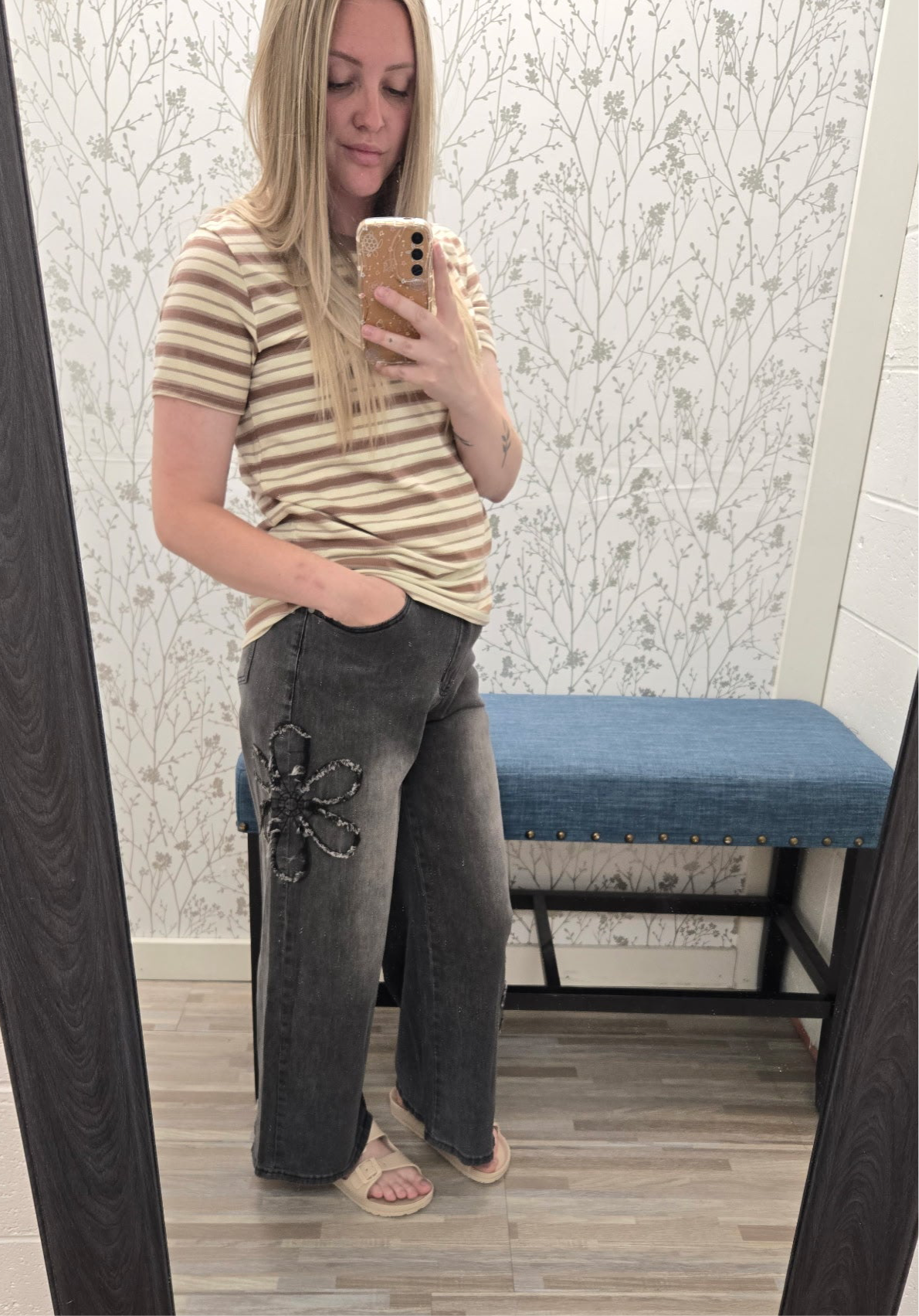 Flower Patch Washed Denim Pants Jeans Easel- Tilden Co.