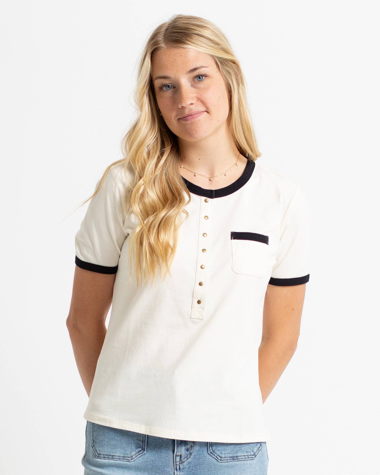 White with Black Trim Short Sleeve Ringer Henley Top Shirts & Tops Downeast- Tilden Co.