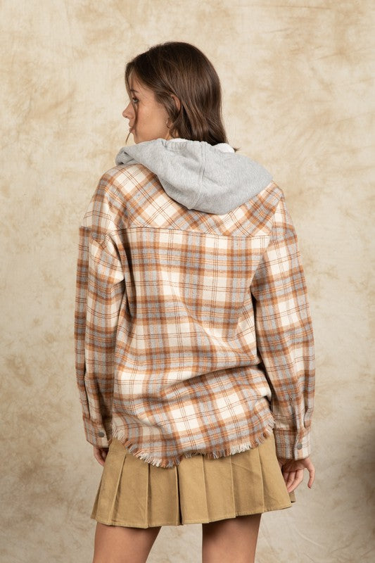 Frayed Hem Hooded Oversized Plaid Shacket Jacket - Final Sale    shacket Very J- Tilden Co.