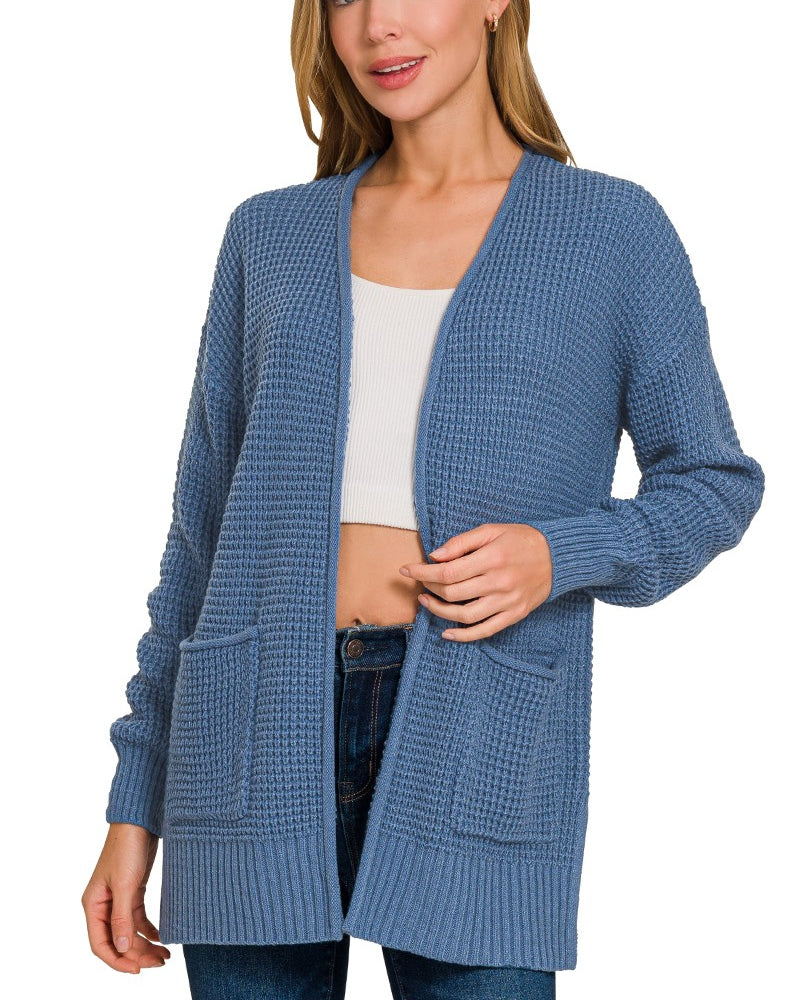 Waffle Knit Cardigan Dusty Blue / Small Dusty Blue Small Cardigan Zenana- Tilden Co.