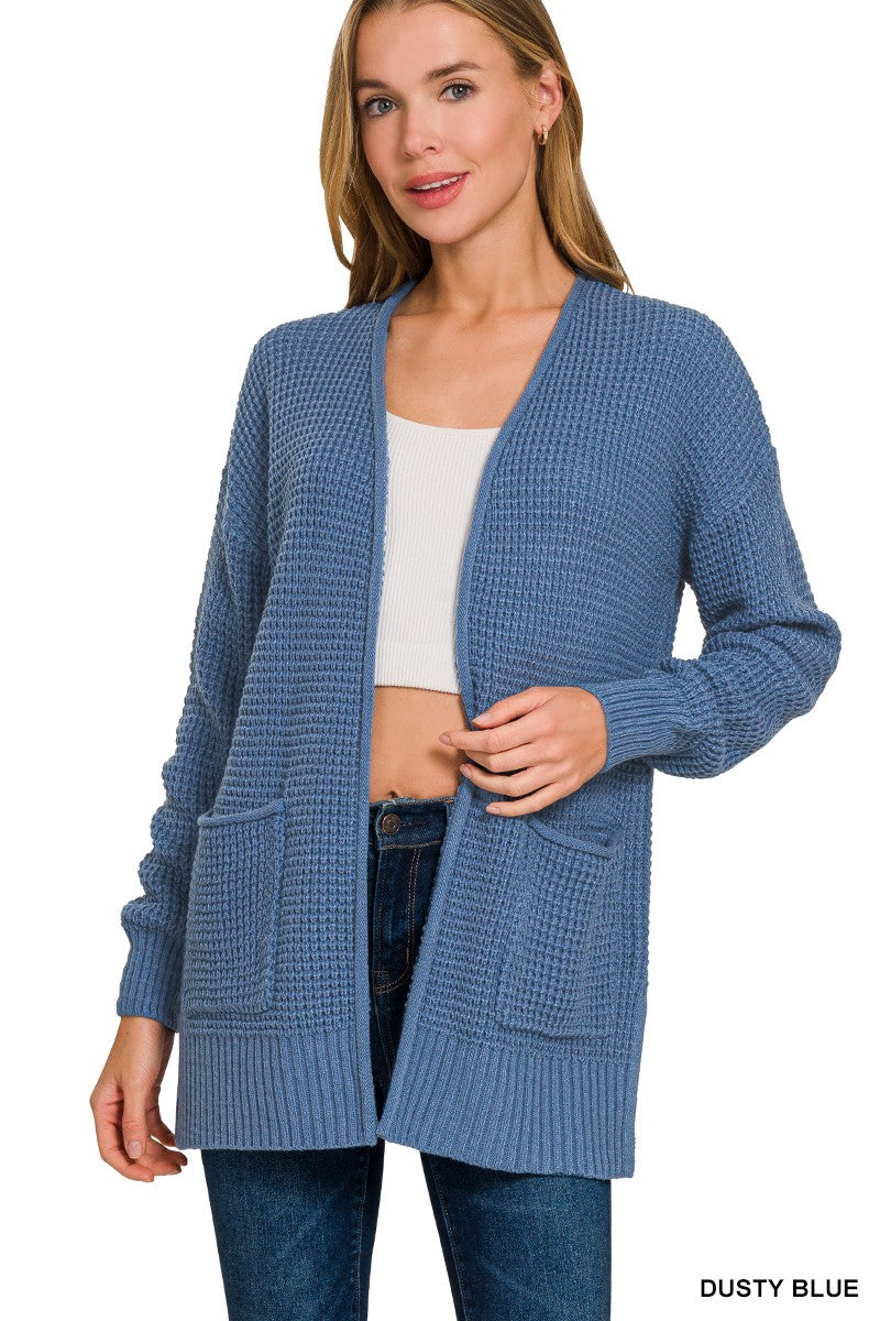Waffle Knit Cardigan Dusty Blue / Small Dusty Blue Small Cardigan Zenana- Tilden Co.