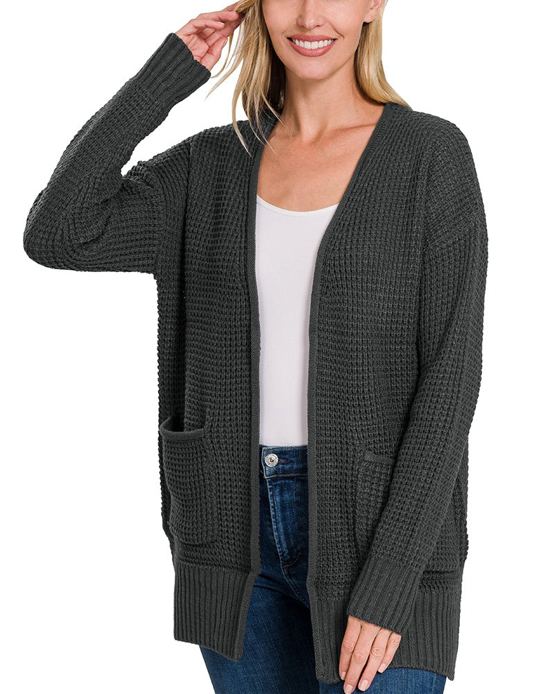 Waffle Knit Cardigan Charcoal / Small Charcoal Small Cardigan Zenana- Tilden Co.