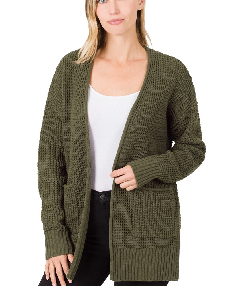 Waffle Knit Cardigan Dk Olive / Small Dk Olive Small Cardigan Zenana- Tilden Co.