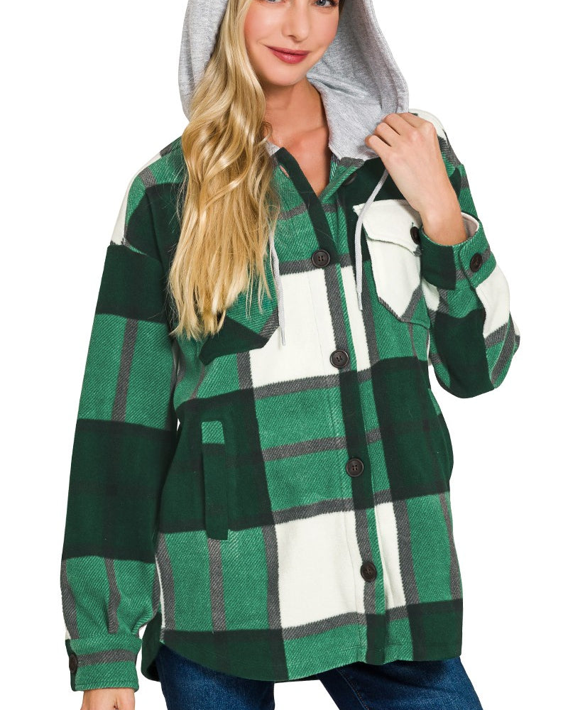 Hooded Fleece Shacket Hunter Green / Small Hunter Green Small Shacket Zenana- Tilden Co.
