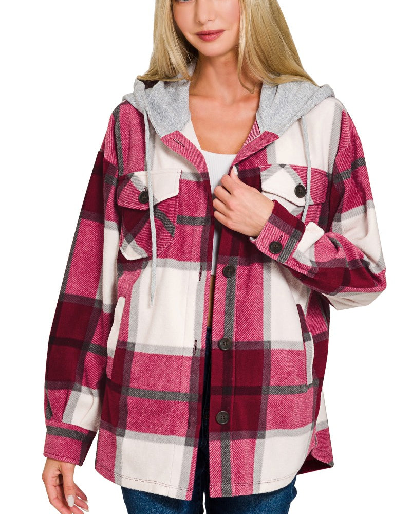 Hooded Fleece Shacket Cabernet / Small Cabernet Small Shacket Zenana- Tilden Co.