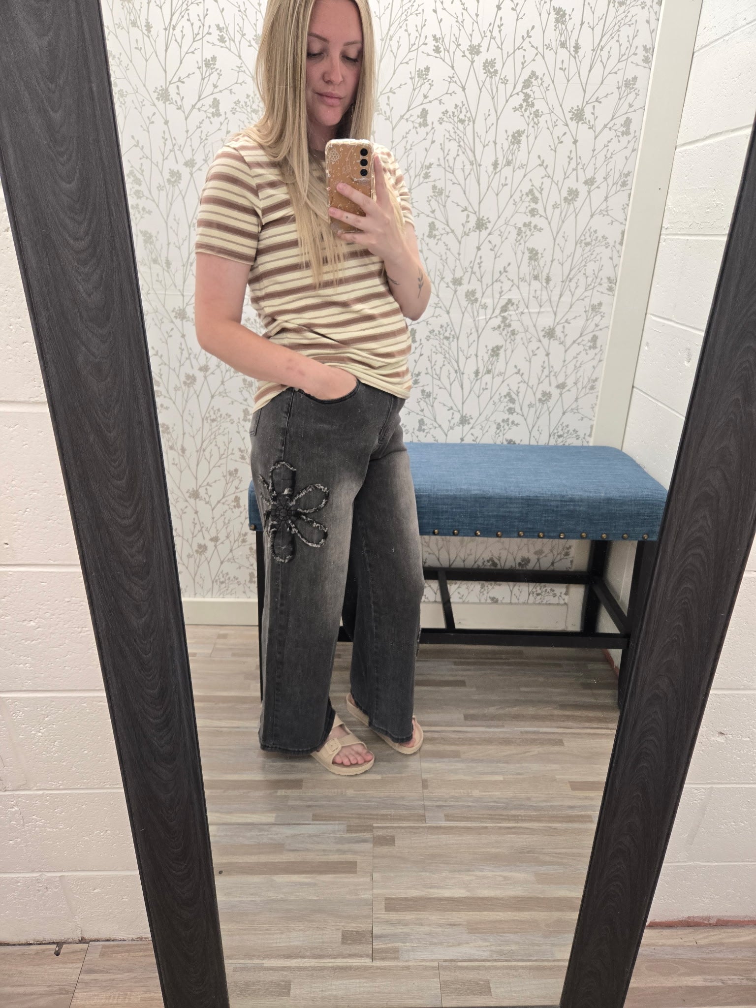 Flower Patch Washed Denim Pants Jeans Easel- Tilden Co.