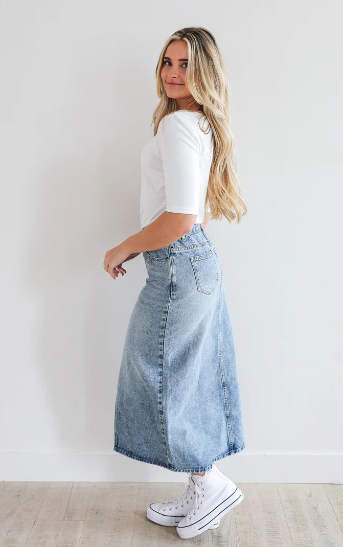 Maxi Denim Skirt in Medium Wash    Skirt Mikarose- Tilden Co.