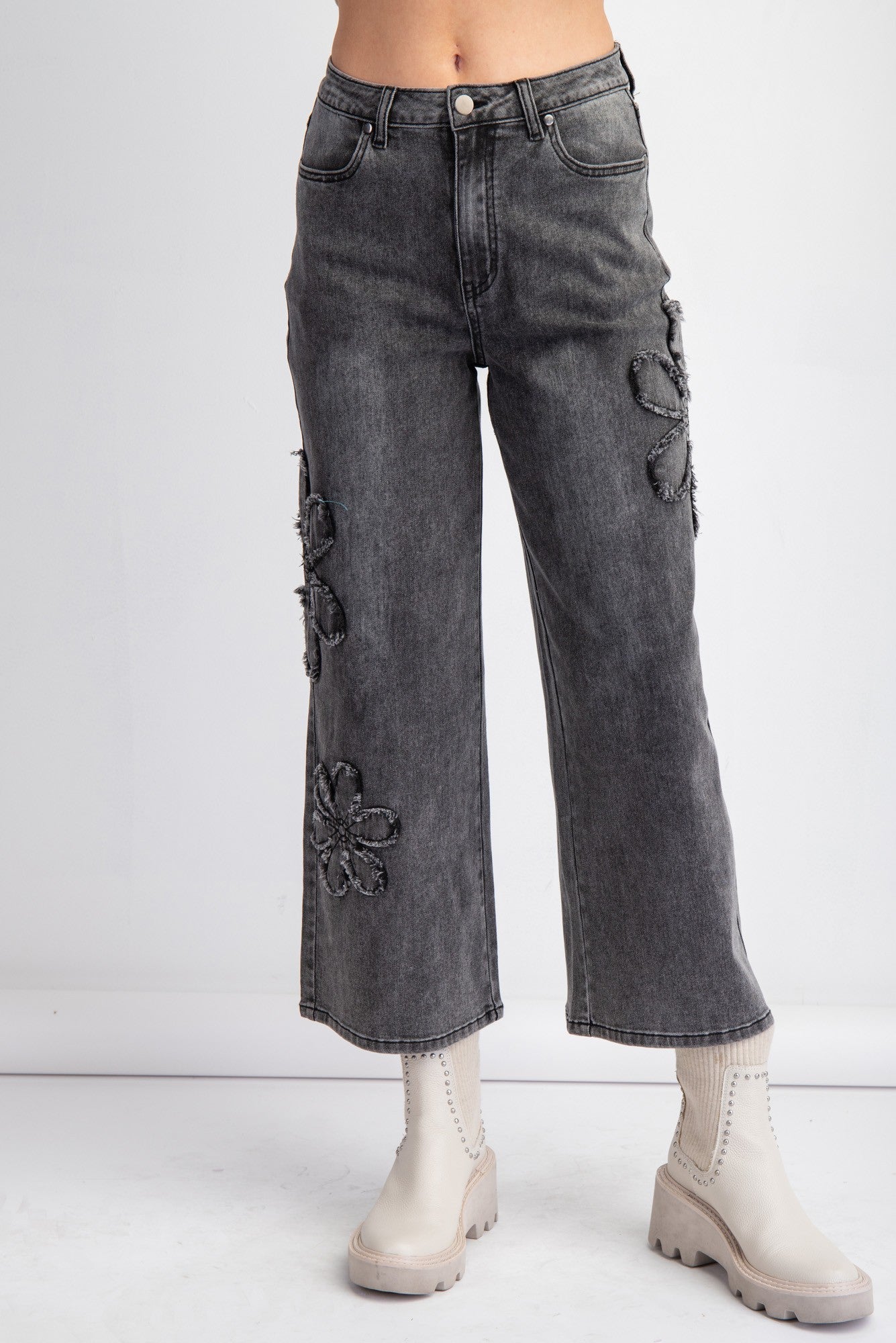 Flower Patch Washed Denim Pants Jeans Easel- Tilden Co.