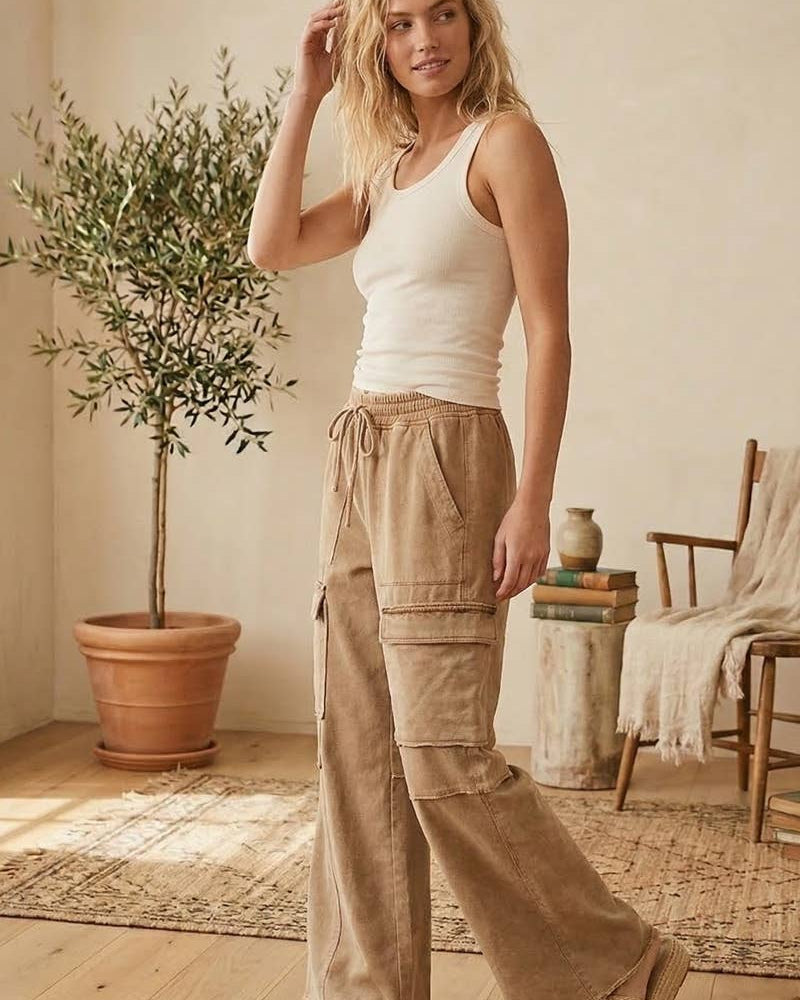 Taupe Mineral Wash Cargo Pants Sewn and Seen- Tilden Co.
