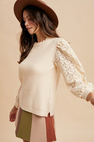 Mix Media Lace Sleeve Rib Sweater Mock Neck Top Sweater AnnieWear- Tilden Co.