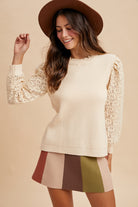 Mix Media Lace Sleeve Rib Sweater Mock Neck Top Sweater AnnieWear- Tilden Co.