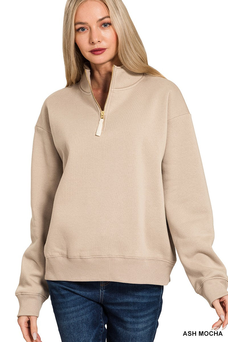 Fleece Half Zip Sweatshirt Ash Mocha / Small Ash Mocha Small Sweater Zenana- Tilden Co.