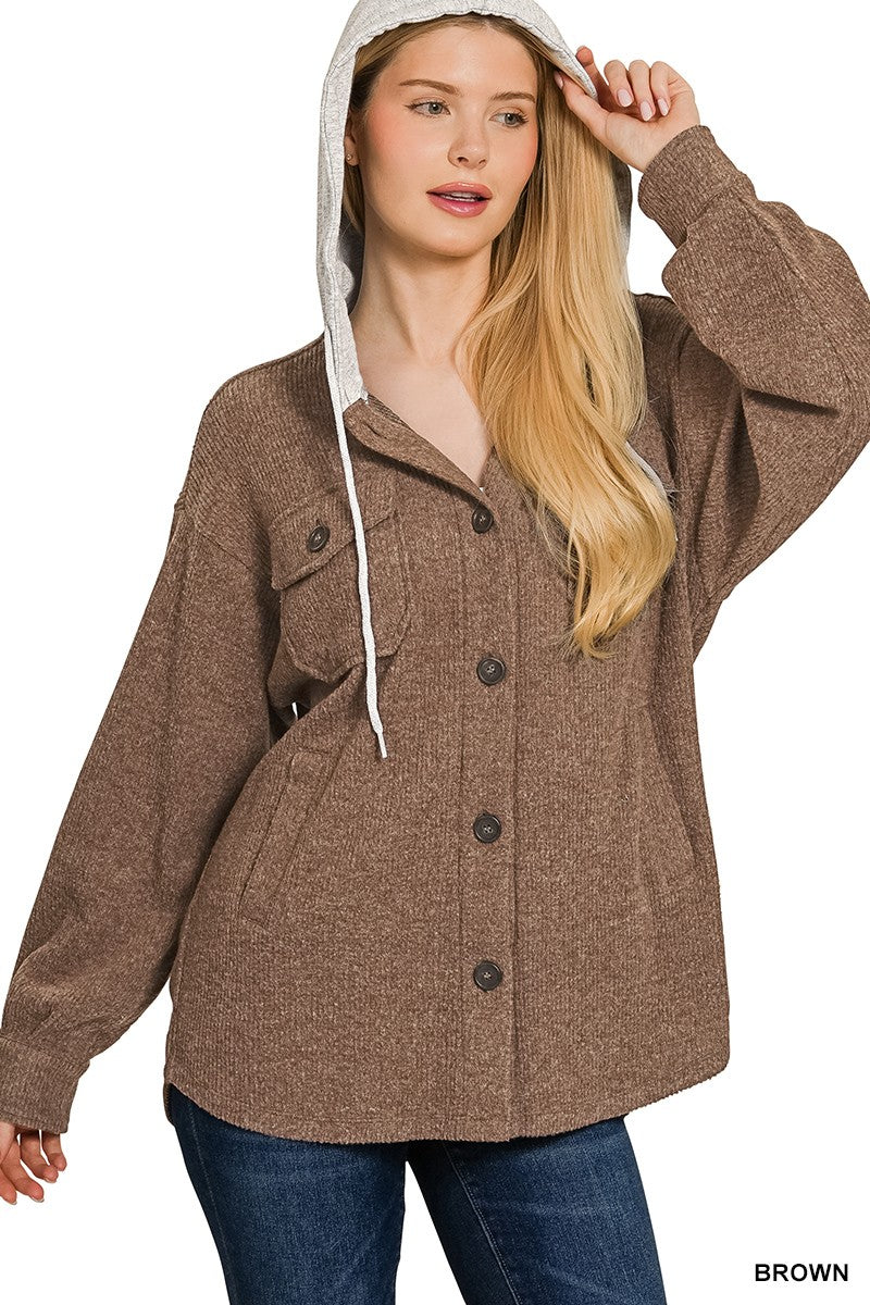 Hooded Button Down Shacket Coats & Jackets Zenana- Tilden Co.