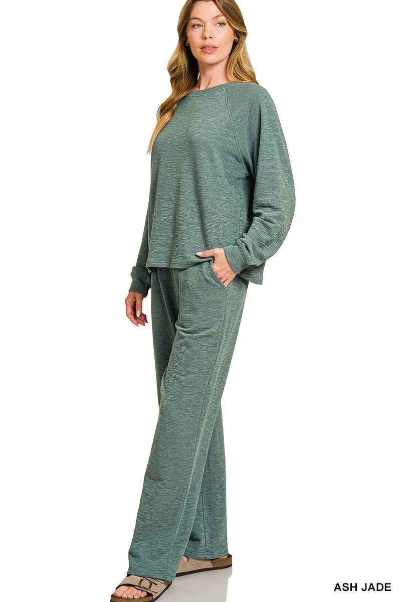 Cloudstone Slub Long Sleeve Top Casual Pants Zenana- Tilden Co.
