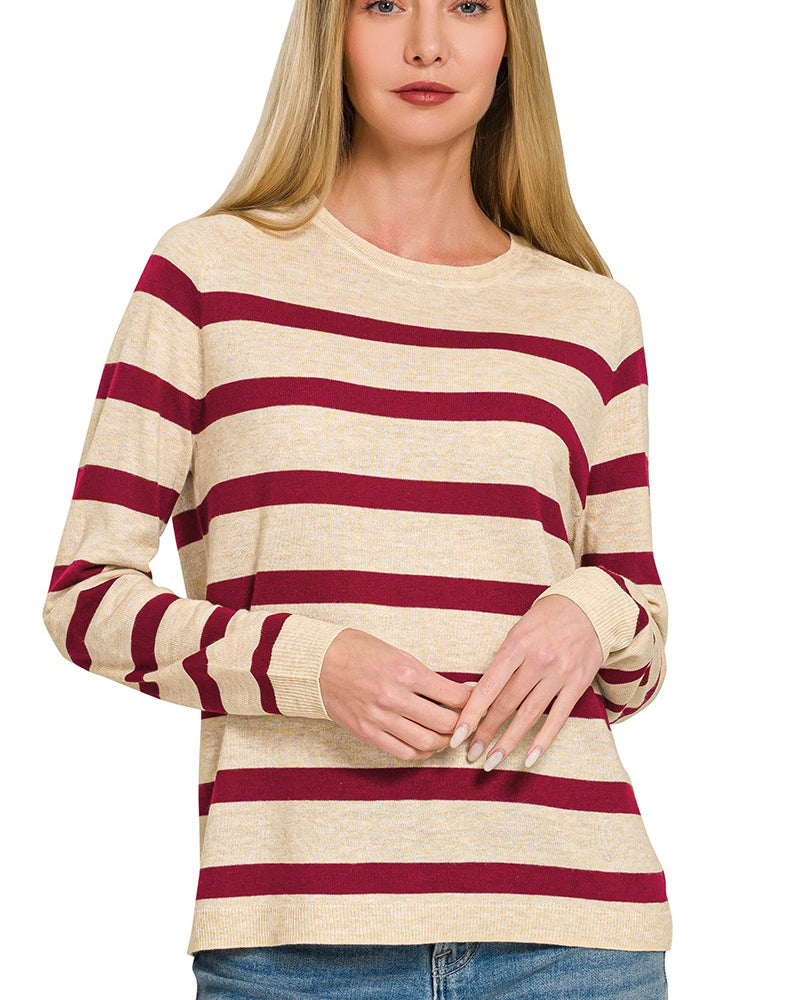 Lightweight Striped Sweater Dk Burgundy / Small Dk Burgundy Small Long Sleeve Top Zenana- Tilden Co.