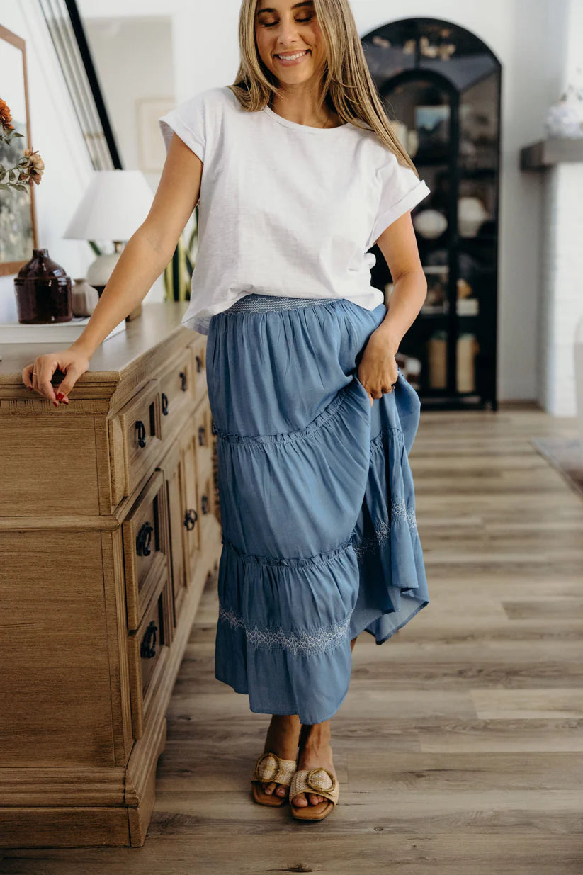 Embroidered Trim Maxi Skirt in Chambray Dress Mikarose- Tilden Co.