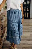 Embroidered Trim Maxi Skirt in Chambray Dress Mikarose- Tilden Co.