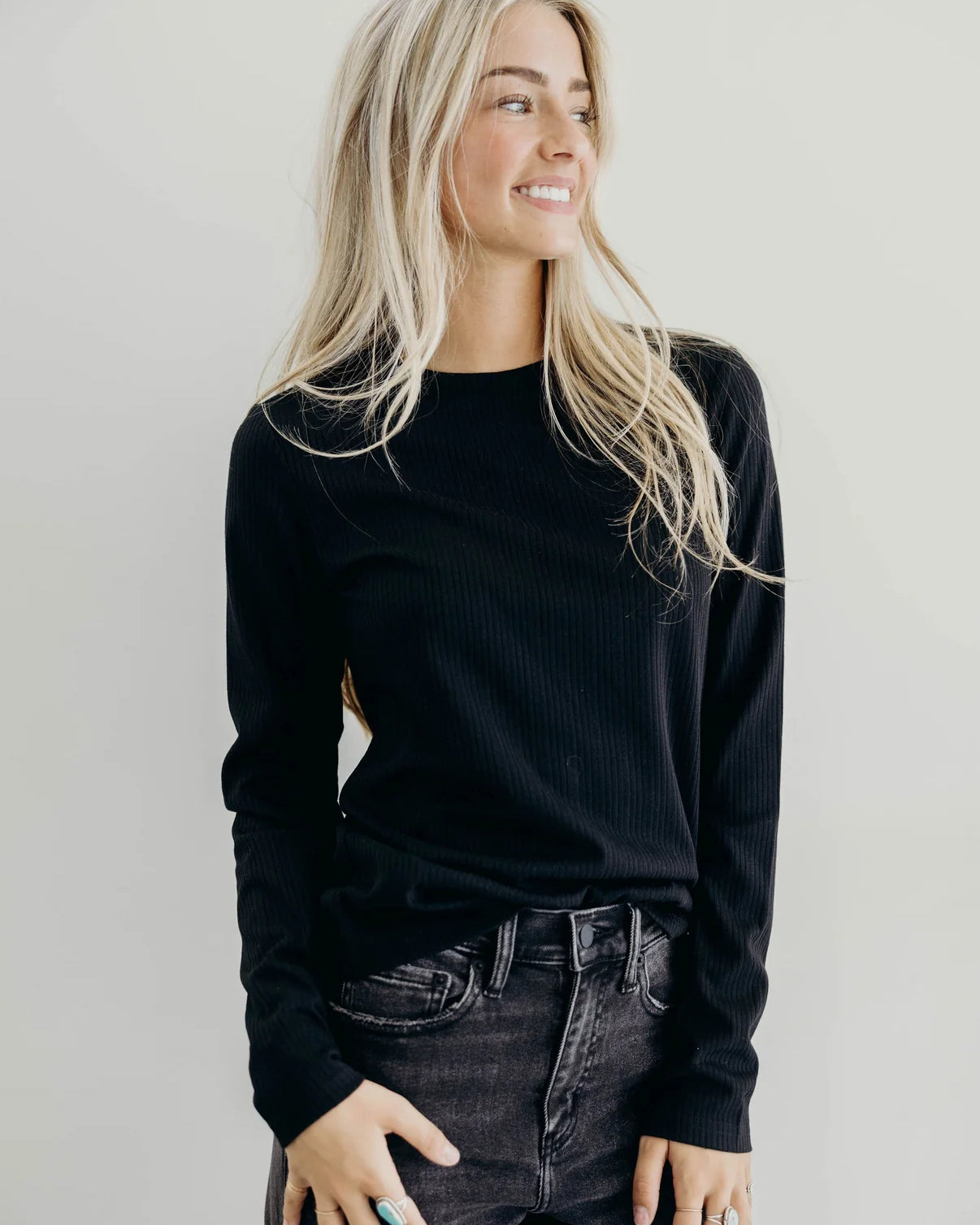 Pointelle Long Sleeve Tee in Black Long Sleeve Top Mikarose- Tilden Co.