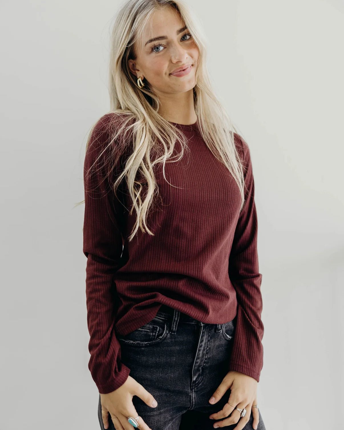 Pointelle Long Sleeve Tee in Wine Long Sleeve Top Mikarose- Tilden Co.