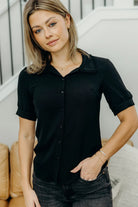 Ruffled Collared Blouse in Black Cardigan Mikarose- Tilden Co.