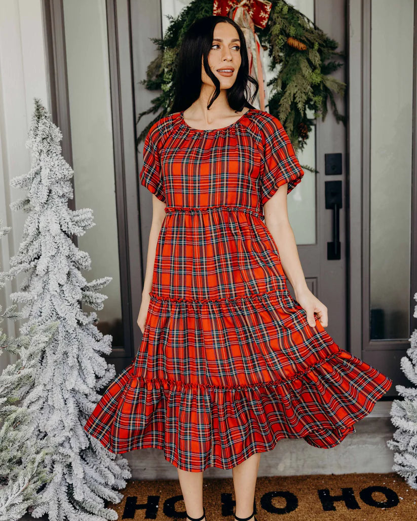 The Serena Dress in Cranberry Plaid Midi Dress Mikarose- Tilden Co.