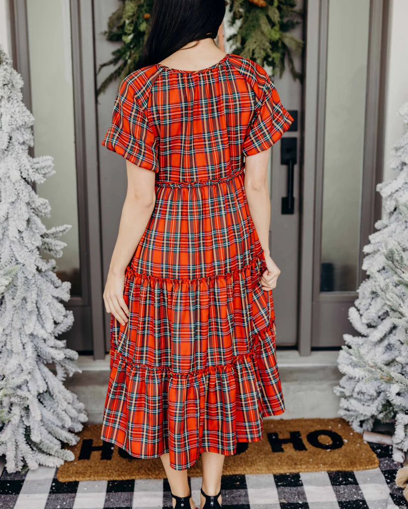 The Serena Dress in Cranberry Plaid Midi Dress Mikarose- Tilden Co.