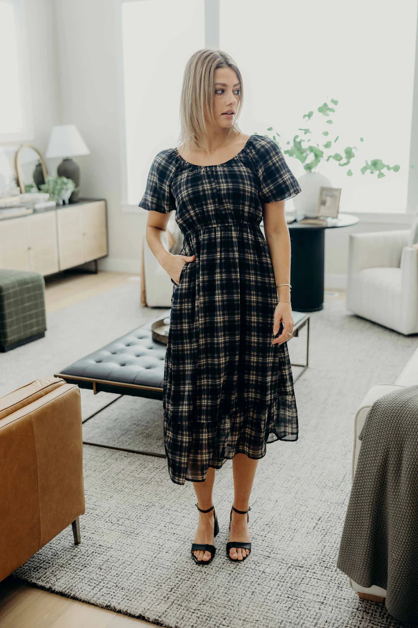 Twila Dress in Indigo Grid Shirts & Tops Mikarose- Tilden Co.