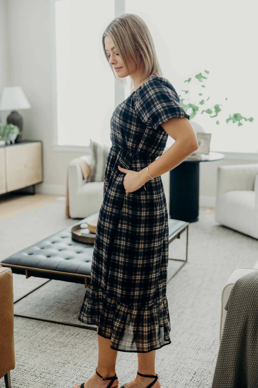 Twila Dress in Indigo Grid Shirts & Tops Mikarose- Tilden Co.