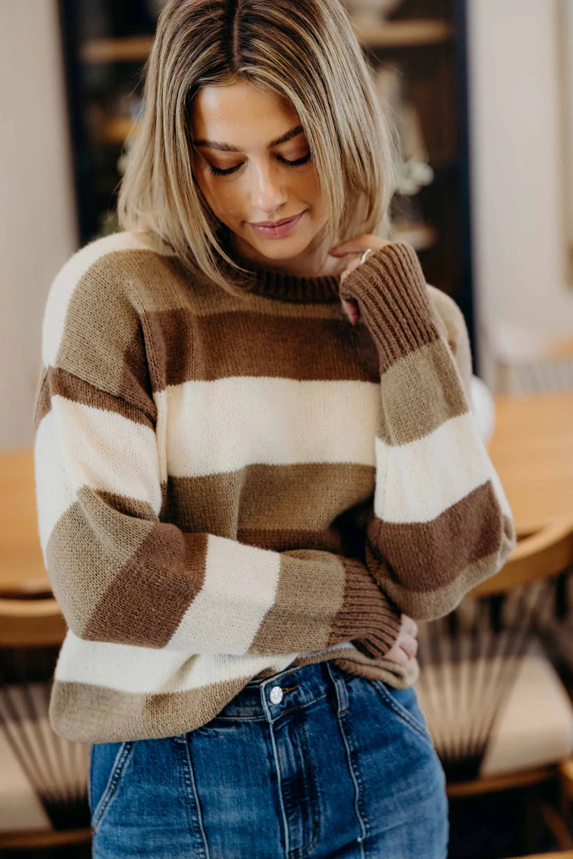 Striped Chunky Sweater in Brown Varisty Shirts & Tops Mikarose- Tilden Co.