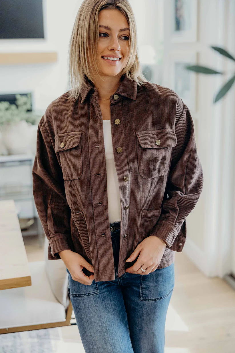 Double Pocket Jacket in Coca Mocha Long Sleeve Shirts and Tops Mikarose- Tilden Co.