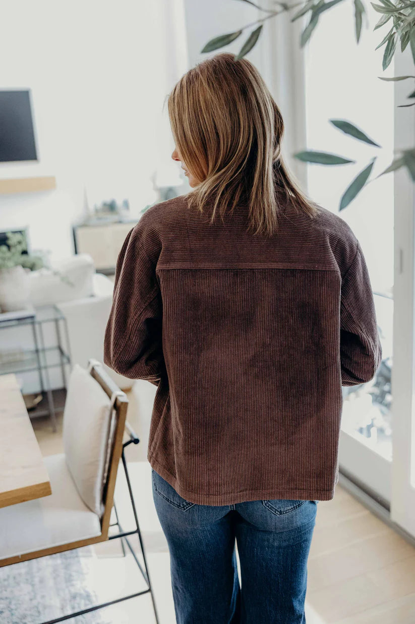 Double Pocket Jacket in Coca Mocha Long Sleeve Shirts and Tops Mikarose- Tilden Co.