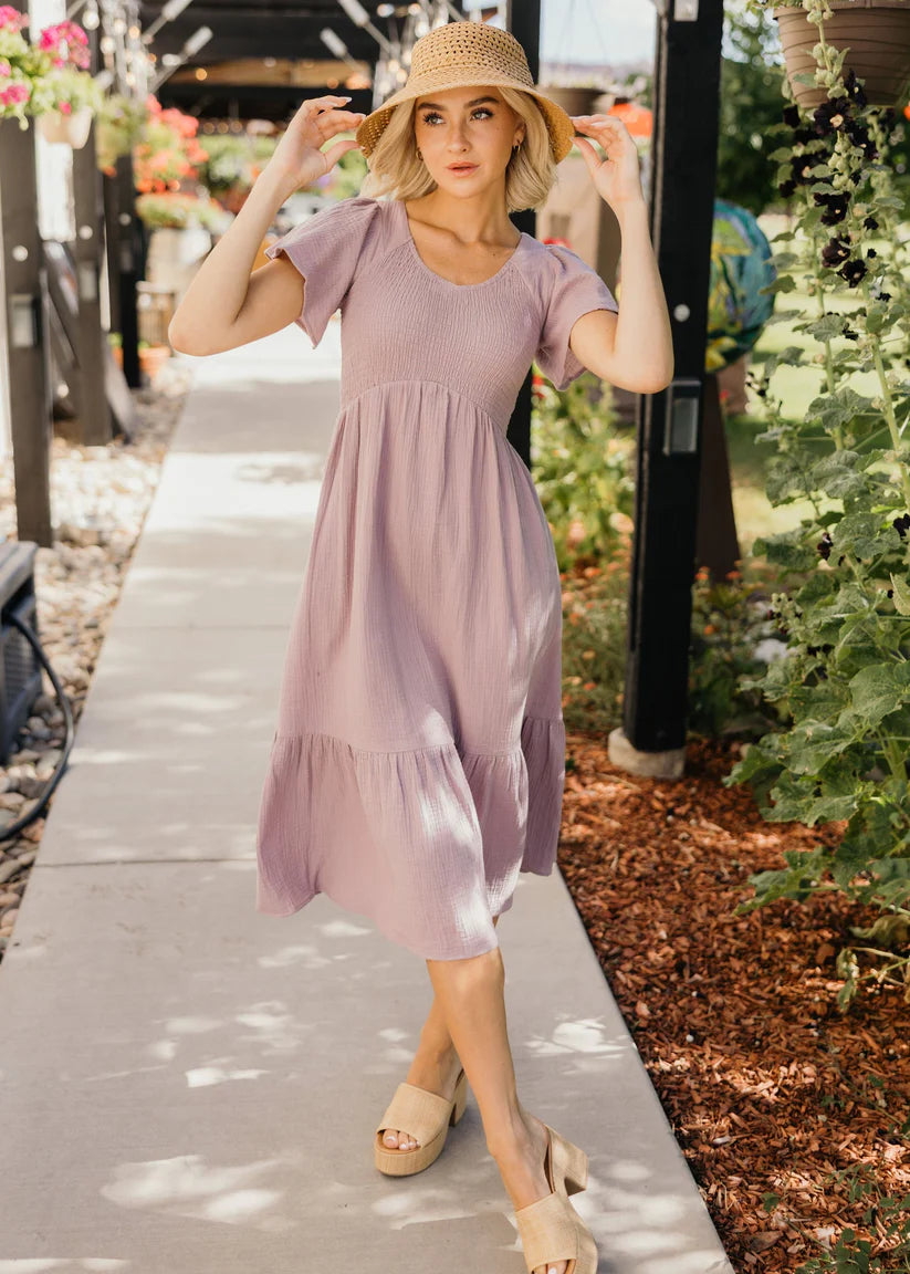 Kendall Dress in Lacy Lilac Midi Dress Mikarose- Tilden Co.