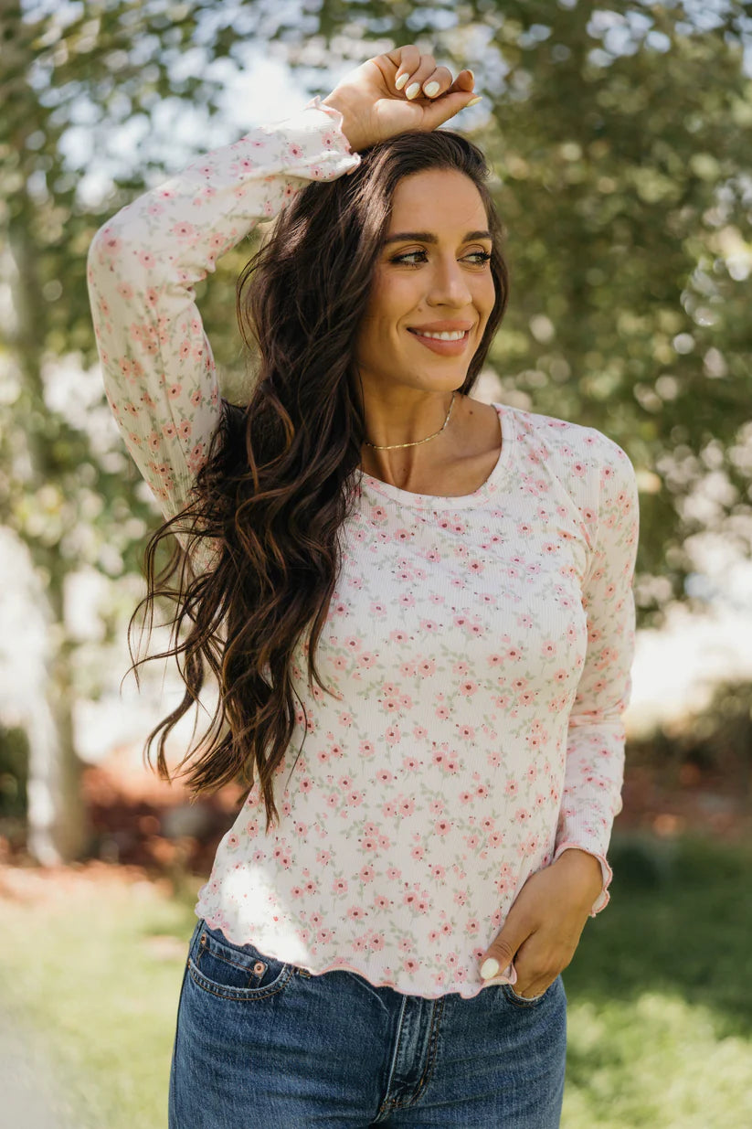 Long Sleeve Ribbed Tee in Pink Confetti Tees Mikarose- Tilden Co.