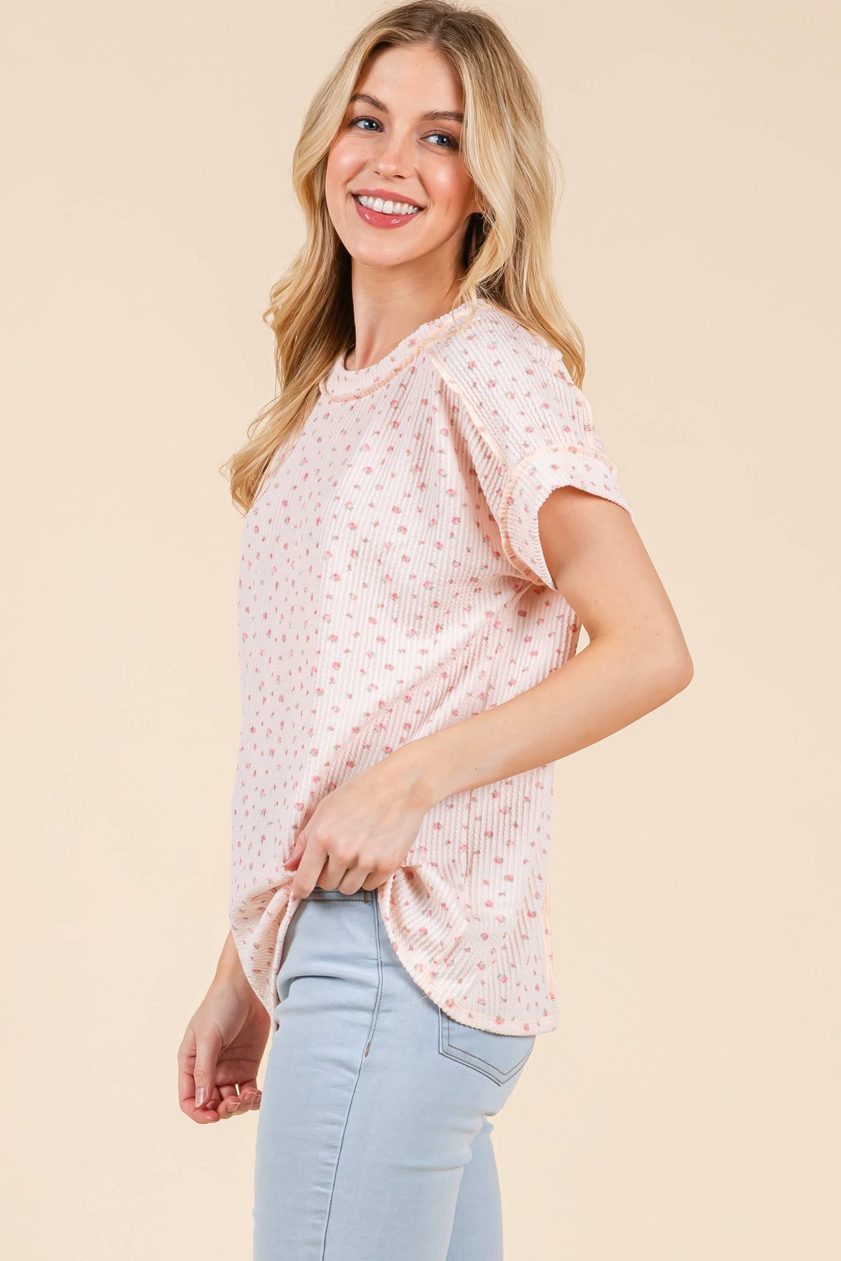 Baby Pink Floral Knit Tee Short Sleeve Top BOMBOM- Tilden Co.