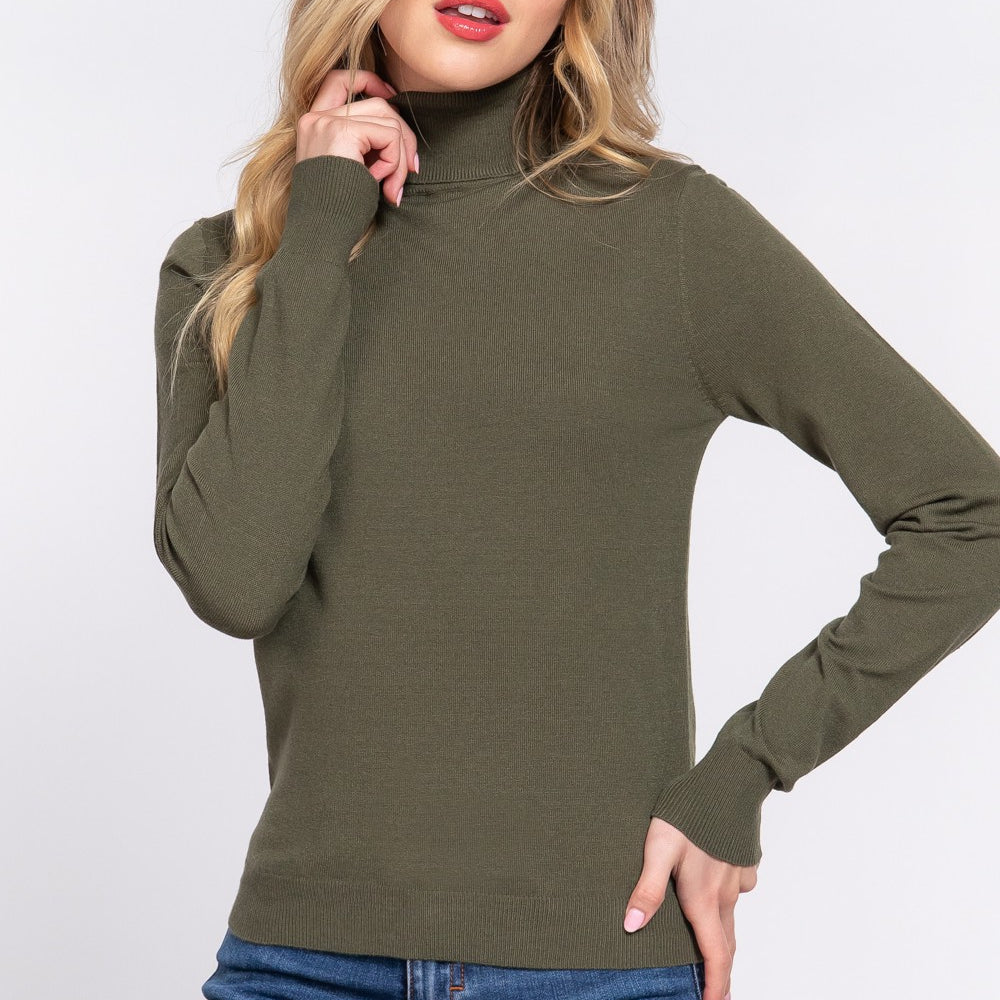 Long Sleeve Turtle Neck Basic Sweater- Final Sale Small / Olive Small Olive Shirts & Tops Active Basic- Tilden Co.