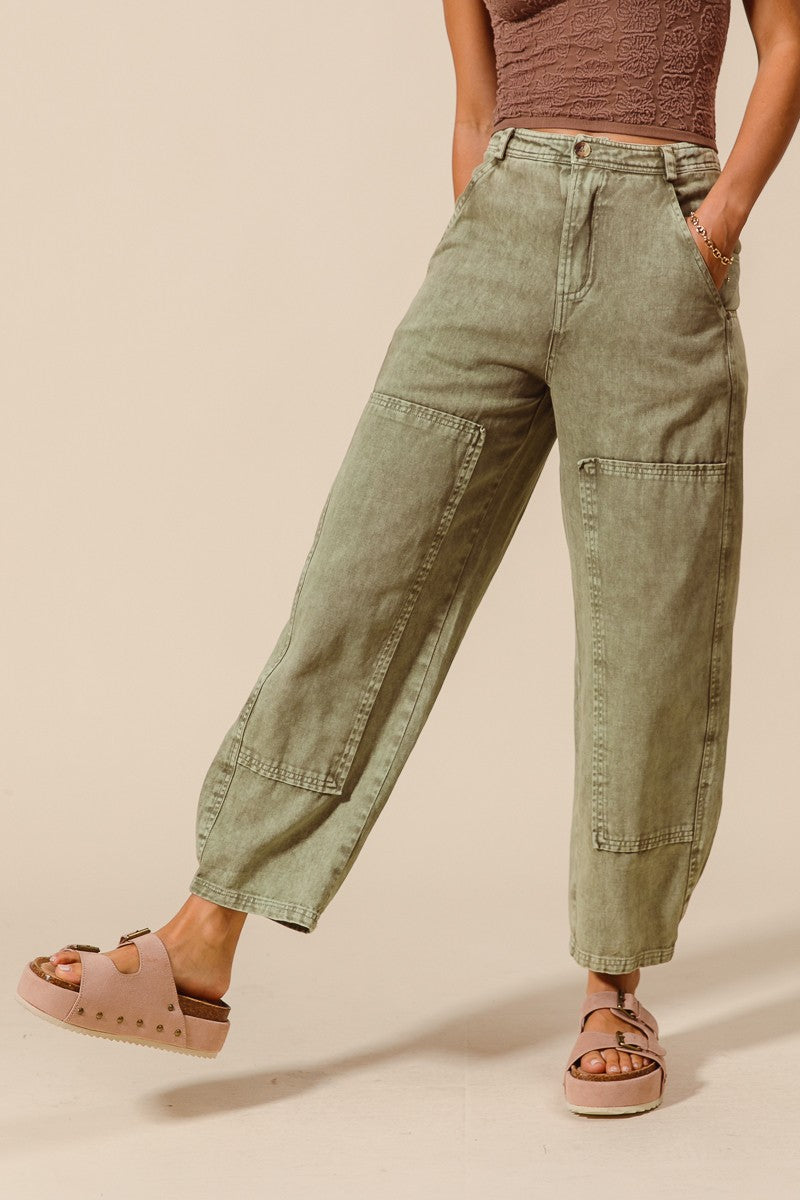 Mineral Washed Mid Rise Barrel Shape Pants Casual Pants so me- Tilden Co.
