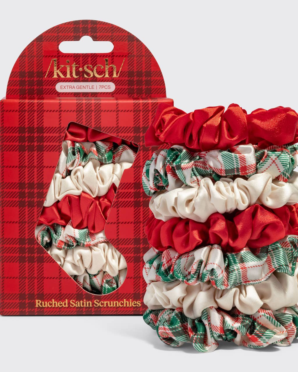 Holiday Ruched Satin Scrunchies 7pc Set Hair Accessory KITSCH- Tilden Co.