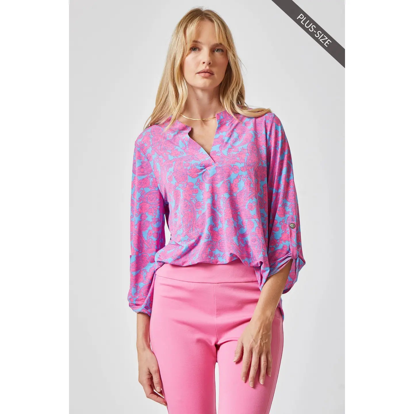 3/4 Sleeve Lizzy Medallion Blouse - Plus Size Blue Pink / XL Blue Pink XL Blouse Dear Scarlett- Tilden Co.