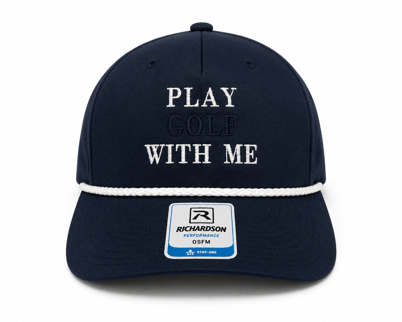 Navy 'Play Golf With Me' rope cap, front view showing embroidered lettering and white rope trim